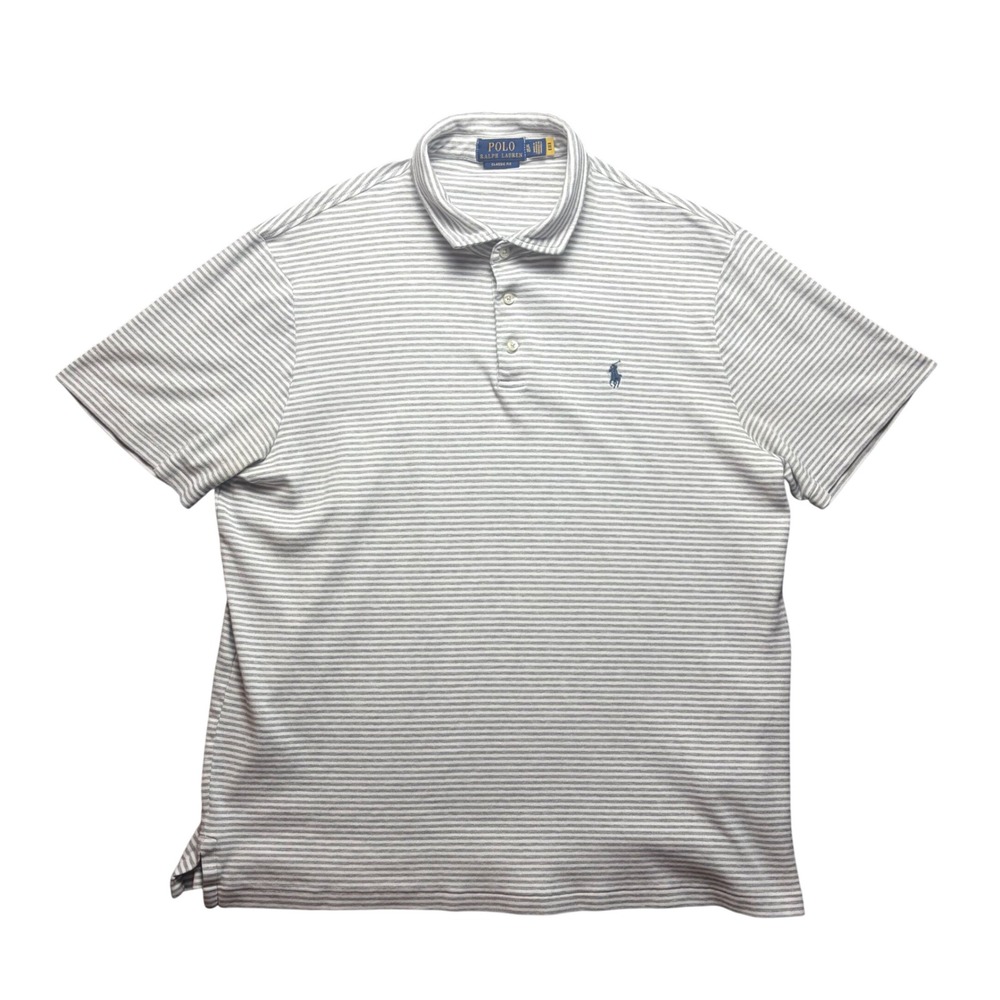 Polo Ralph Lauren Polo Shirt Mens XL Grey White Striped Cotton Classic Fit Logo